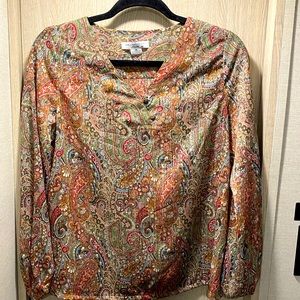 Liz Claiborne Petites PS peasant top blouse paisley print gold sheen